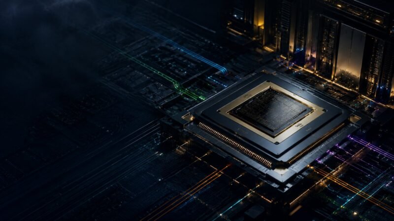 An advanced AI processor package on a circuit board, lit by multicoloured optical signal paths