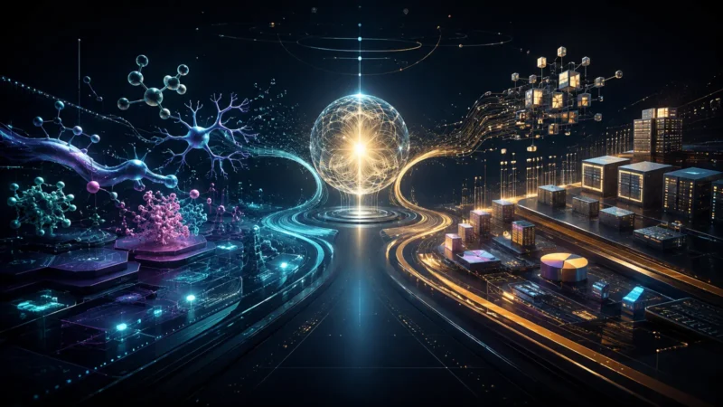 AI research and execution pathways branching from a shared intelligence core
