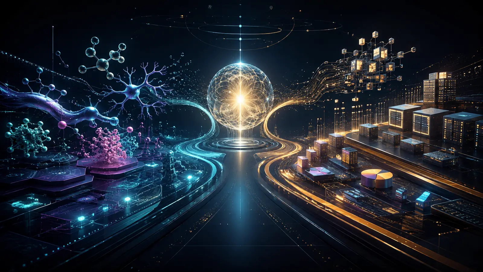 AI research and execution pathways branching from a shared intelligence core