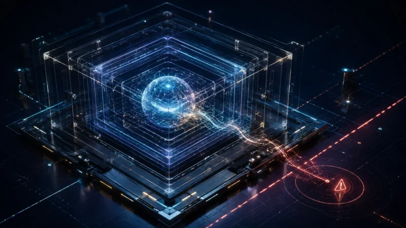 AI evaluation signal crossing a layered cybersecurity containment boundary