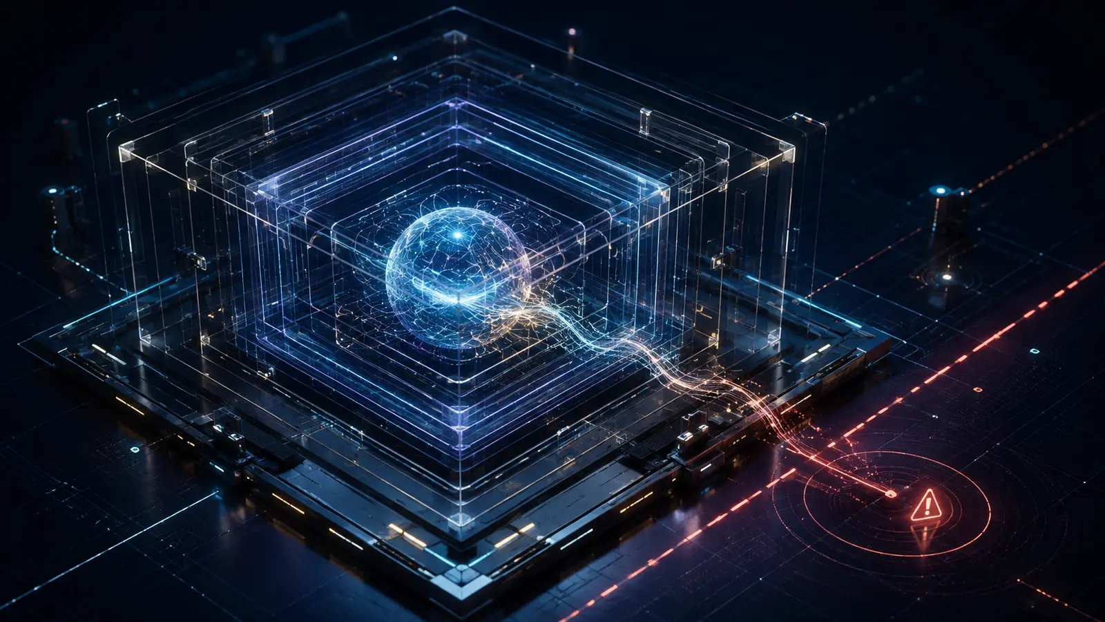 AI evaluation signal crossing a layered cybersecurity containment boundary