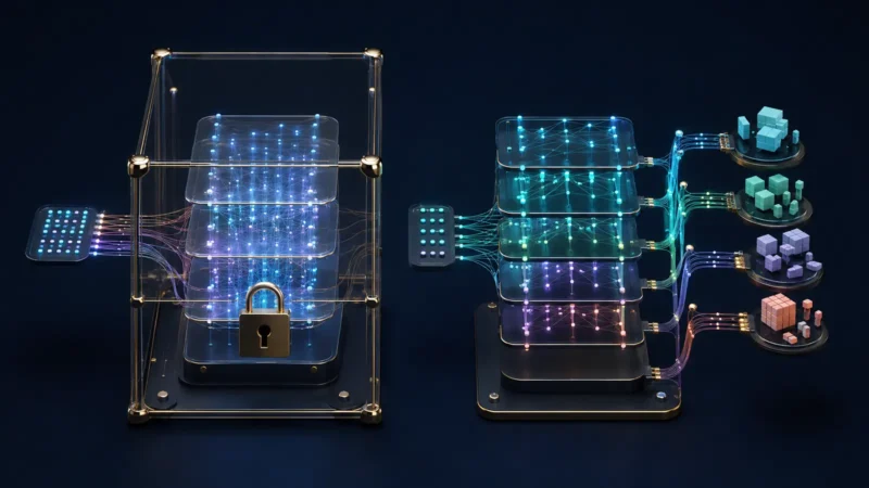 Downloadable AI model weights contrasted with a fully open and modifiable source system