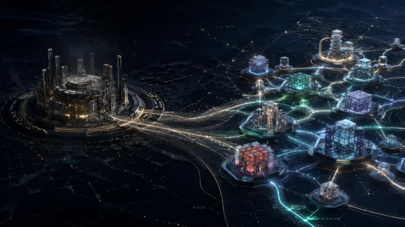 Influence moving from a fading central AI model hub to a growing distributed open model network