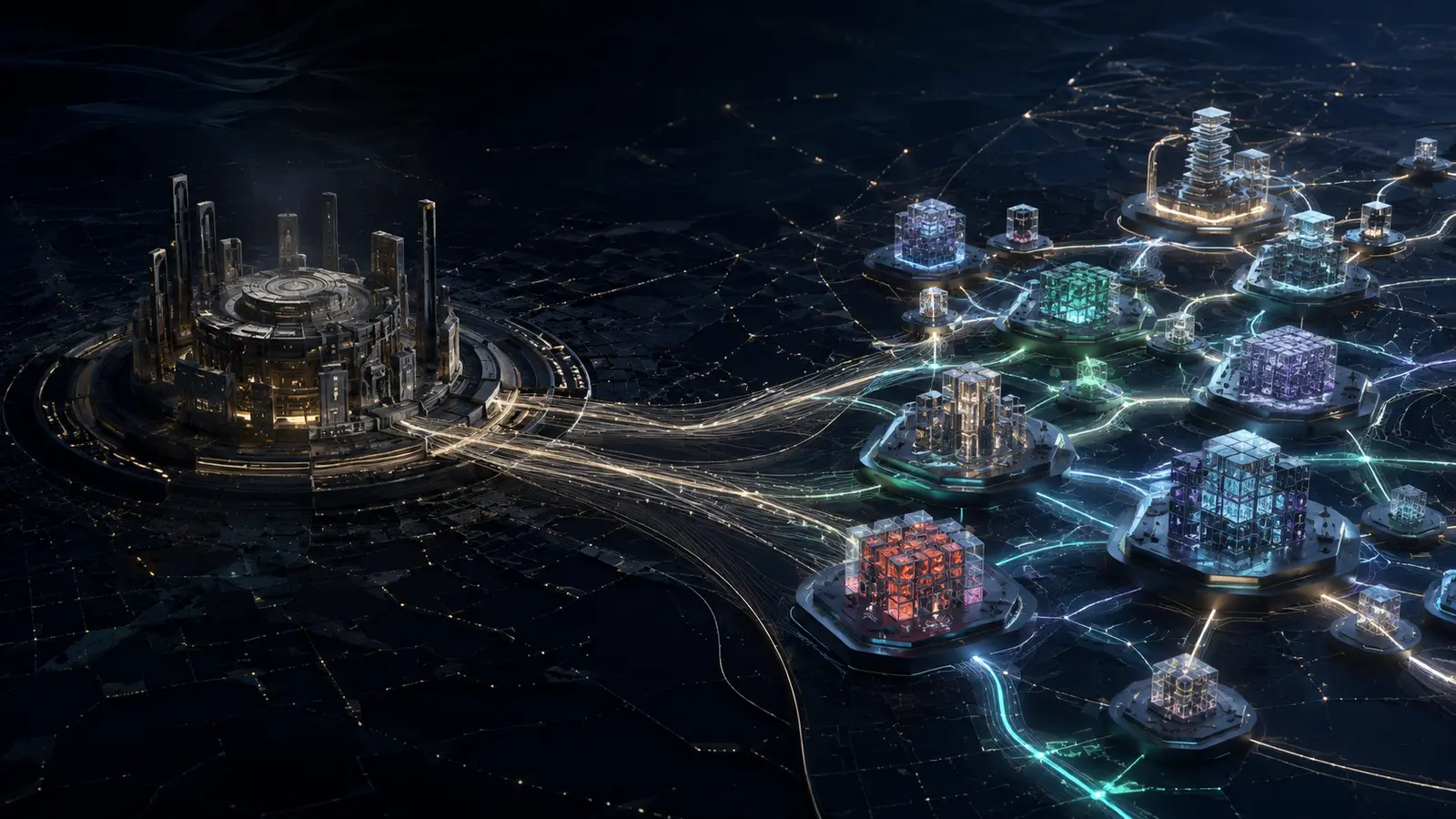 Influence moving from a fading central AI model hub to a growing distributed open model network