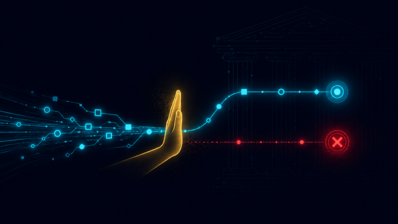 A human hand interrupting an automated decision stream before it reaches a rejection point, with a legislative building rendered as a circuit pattern in the background