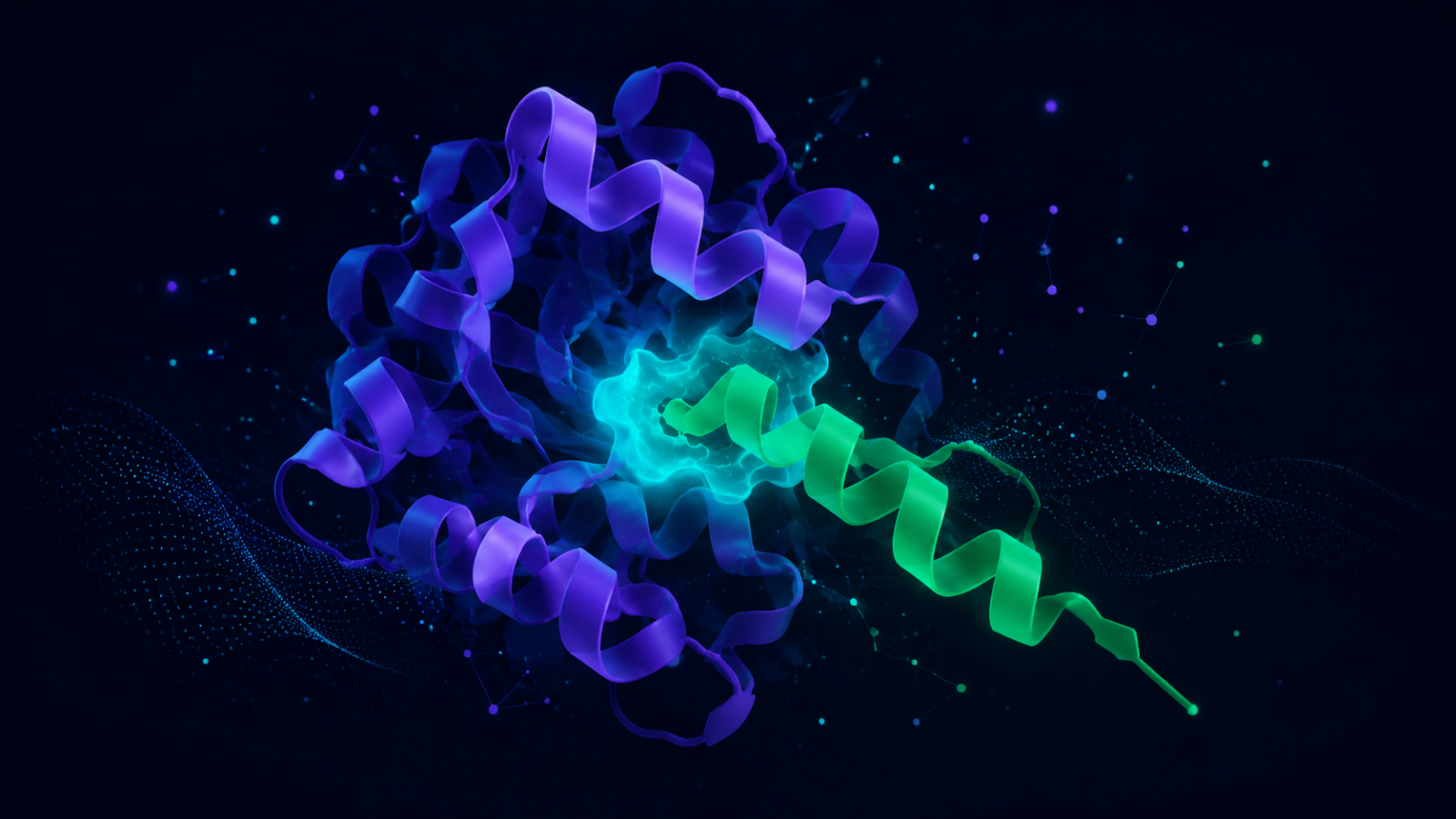 Glowing violet and green protein ribbon structures locking together at a cyan binding site, evoking both molecular biology and computation